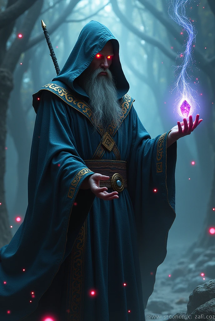 dark wizard, of the digital age, magic coming out of your eyes, folders with files floating in one of his hands, and in the other a staff with a shining magic stone.