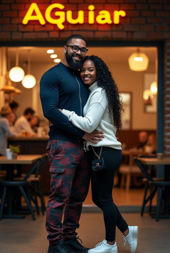 A slightly brown white man with a dark blue, tight-fitting zippered shirt and wine-colored army camouflage pants and black sneakers has a beard and glasses hugging a black woman with long curly hair pulled back and wearing a white sweater, black pants and white sneakers and they are in front of a bakery called Aguiar and it has an orange logo and the tables and chairs are dark., It&#39;s night and another detail: the girl has a shoulder bag and the straps are chains and the bag is small