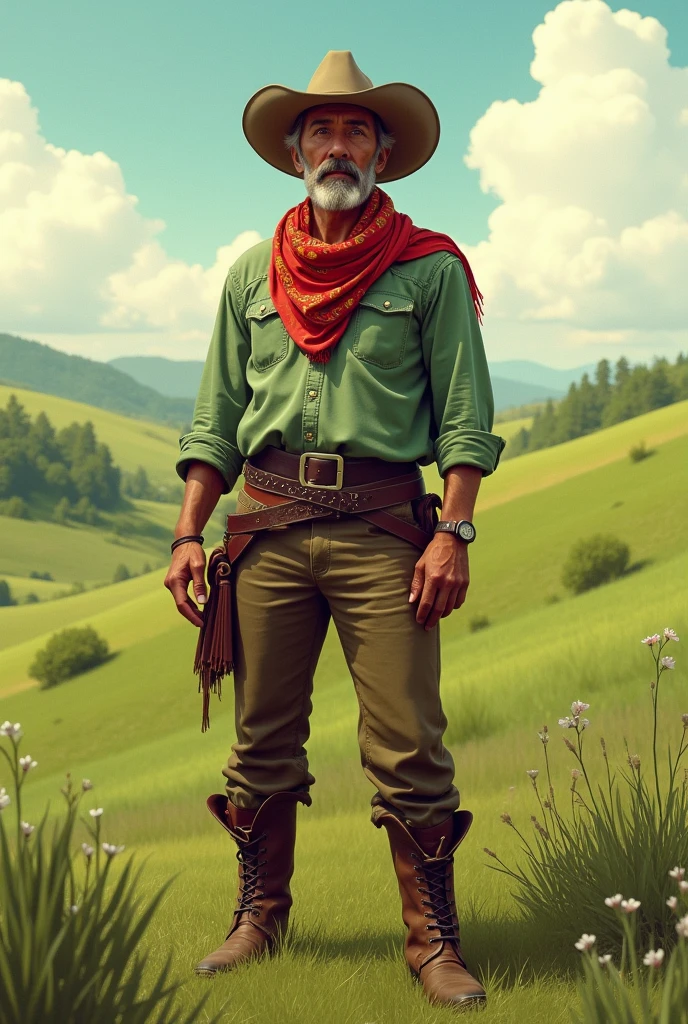 A gaucho with brown bombacha boots Green pastel green shirt Red scarf