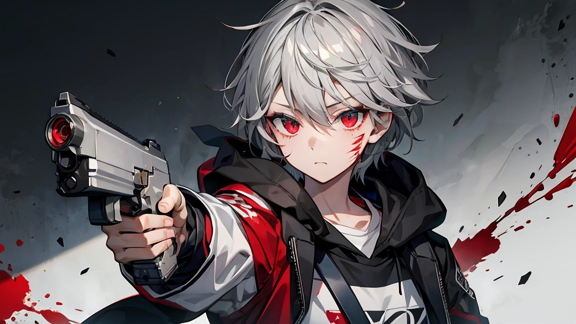 Handgun、一つのHandgun、((Aim the gun at the camera))、((Upper Body))、((Gray Hair))、((Photograph from the front))、(((((gun))))),((((Pointing the gun this way))))（Covered in blood）、Clothes full of scratches、((Scarred Face))、Red-black eyes、Detailed eyes、Black hoodie、((Detailed hands))、high resolution、Detailed picture、Beautiful painting、Cold look、masterpiece, best quality, detailed beautiful face and eyes,detailed beautiful face,and eyes