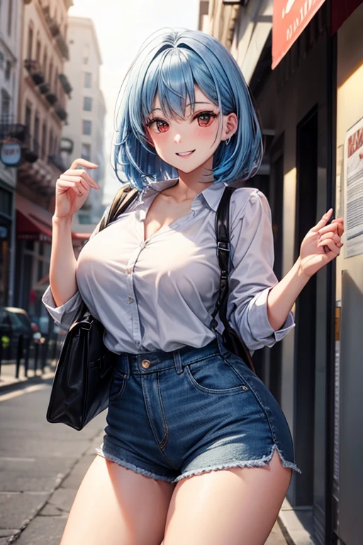 Red eyes, Bob Hair, Large Breasts, smile, Blue Hair/Light blue hair, Inner Color, White blouse,Shorts