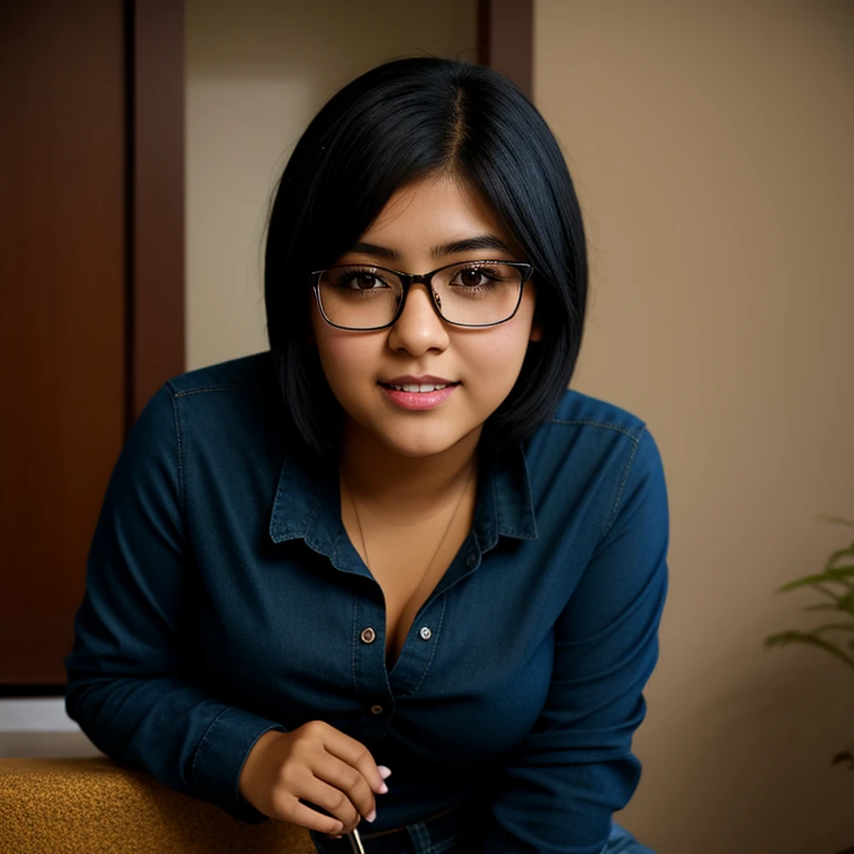 beautiful detailed, cute face, short, mexican teen, medium black hair, black hair over one eye, glasses, long-sleeved tucked in v neck T-shirt, long pants, solo, voluptuous breasts, full body photo,
