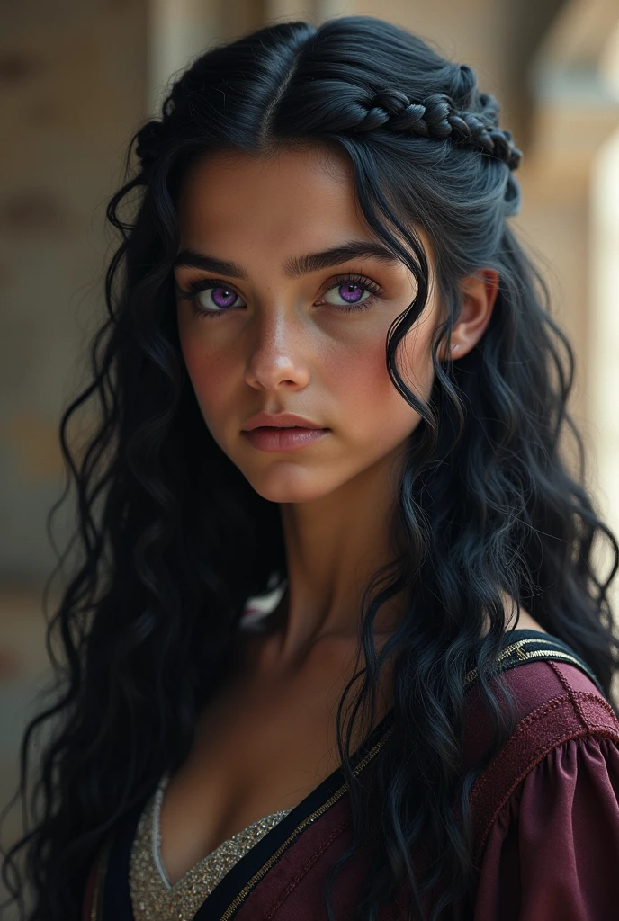 Uma Targaryen filha de Daemon Targaryen e Laena Valeryon, She is about 13 to but looks like she is already 15 or 16 years oldaintains a very youthful appearance., Even with her age, she is responsible and mature and also rebellious and difficult to deal with like her father., but has the consciousness of his mother, seu nome é Aurelys Targaryen, has hair like her sister Rhaena Targaryen, Her hair is long and curly and has braids all along its length., the difference is that yours are black like your grandmother's, her skin is dark like her mother's and her eyes are violet like her father's, She hates wearing dresses because she finds them uncomfortable and prefers to wear more masculine clothes., She also knows how to fight with swords perfectly, being strong and skilled., but even so it is of exuberant and admirable beauty, and also of great elegance.