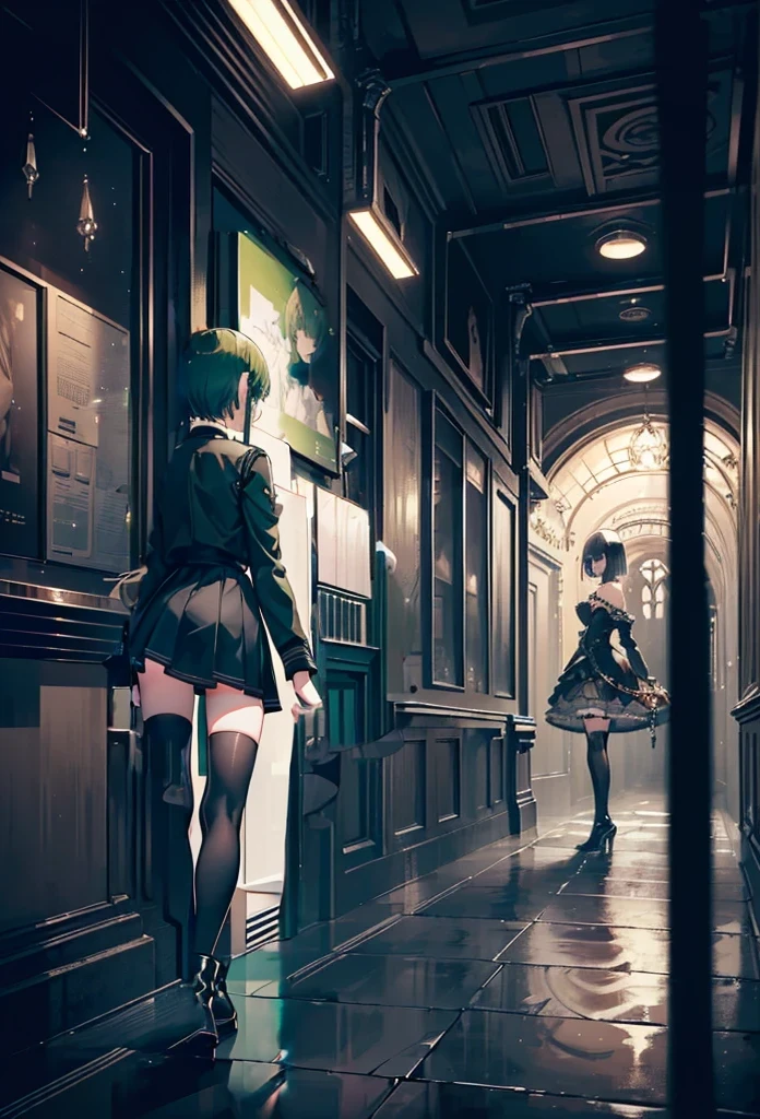 (girl),(((Adult))),(Green Short Hair),((The girl wear a black knight uniform)),((Black long boots)), Black mini skirt,Black knee socks(rage),(beautiful slender girl),((Adult)),retreating figure,back view,backward appearance,appearance from behind,((black thighhighs)),(black knee high),