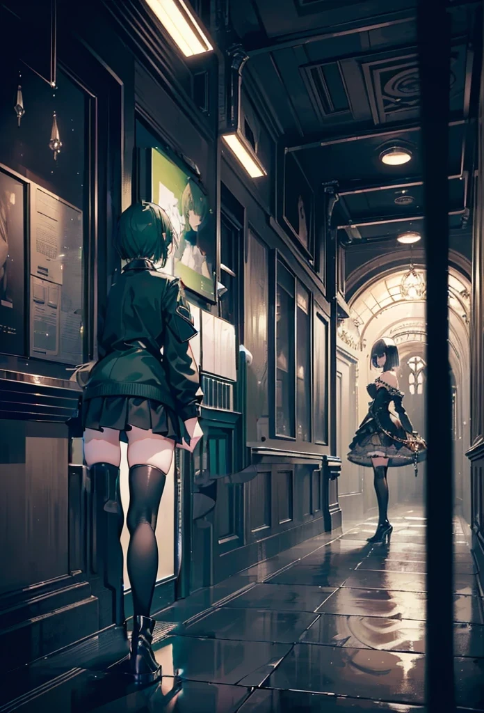 (girl),(((Adult))),(Green Short Hair),((The girl wear a black knight uniform)),((Black long boots)), Black mini skirt,Black knee socks(rage),(beautiful slender girl),((Adult)),retreating figure,back view,backward appearance,appearance from behind,((black thighhighs)),(black knee high),