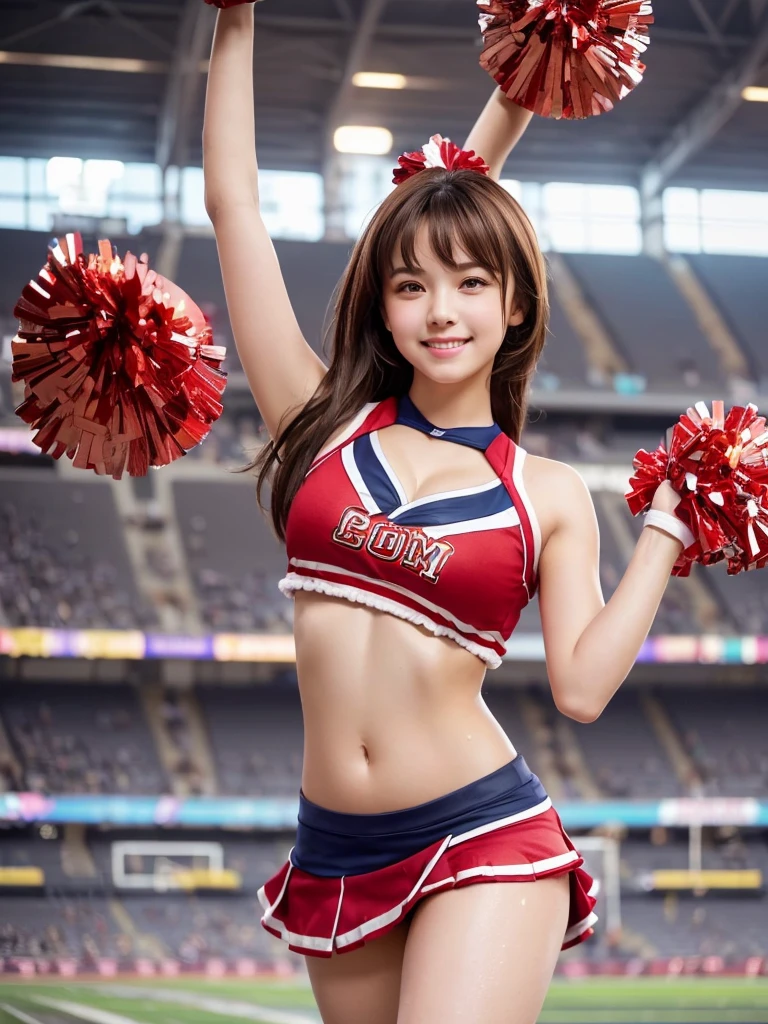 masterpiece,Highest quality,Very detailed,High resolution,(Realistic,photoRealistic:1.37),Excellent anatomy,One beautiful woman,18-year-old,height:152 cm,Red Cheerleader,(Holding big pom-poms in both hands:1.5),Big smile,cheer leading,Cheerleader uniform,(shape),Micro Pleated Mini Skirt,No underwear,((Very delicate and beautiful)),((Stadium Background:1.2)),Brown Hair,Long Hair,bangs,Very beautiful face,Cute type,Big Natural Color Lip,Small and cute nose,Big and pretty eyes,Brown eyes,Obvious double,Shiny highlight spots around the eyes,Character Focus,Tilt your head,The best light,Best Shadow,mysterious,Perfect Face,Very detailed,Soft Skin,(Glowing Skin,Sweaty:1.3),Beautiful legs,Voluptuous thighs,Plump body,Huge breasts,(Expresses the roundness and softness of the chest area..........1),Beautiful body,(Perfect Woman),Lift your legs,Skirt flip,Bold sexy pose,((cheer dance pose:1.5))