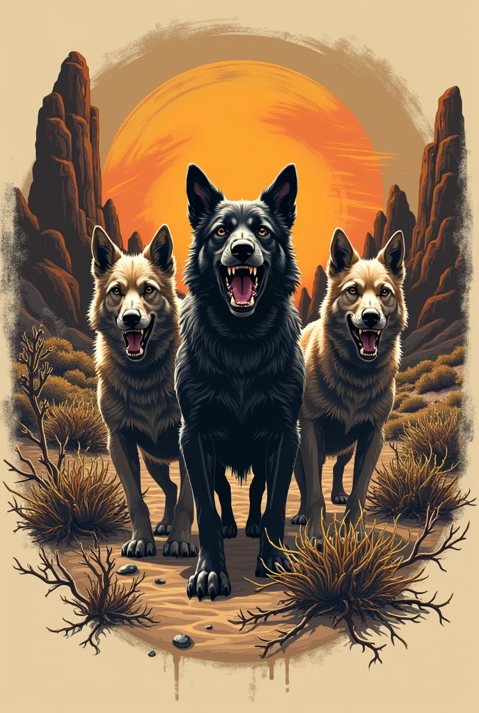 Logo for motorcycle club with the name Canines of the Backlands with several dogs coming out of the middle of desert thorns