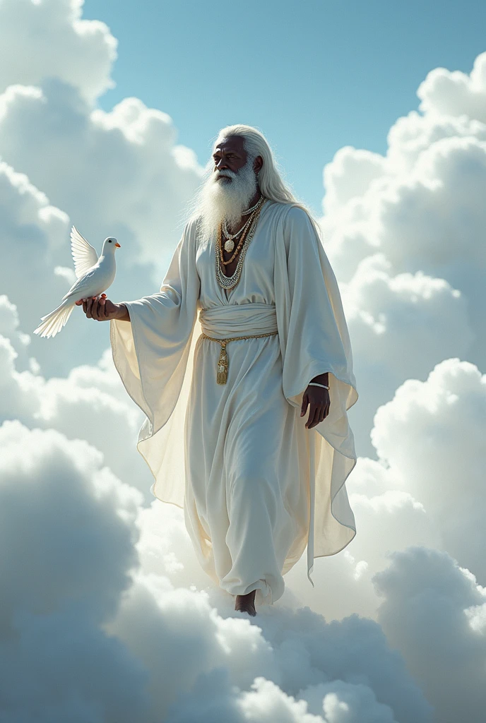 Orisha Black Man, elder, white bearded, Walking on clouds, White tunic, white necklaces, holding a white dove in his hand