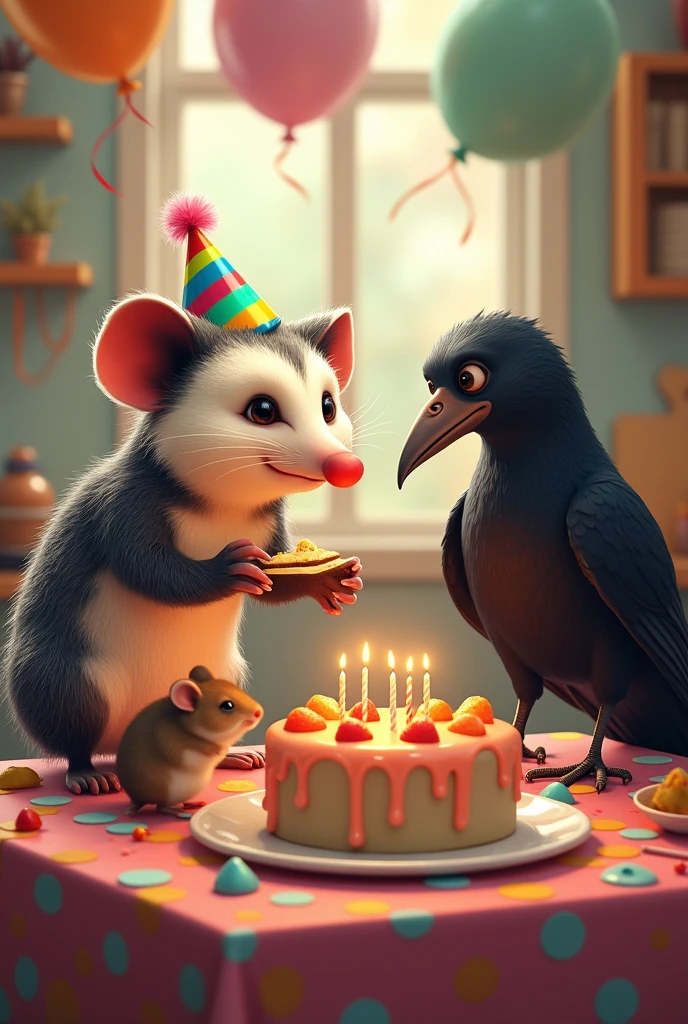 A possum and a crow and a hamster at a birthday party
