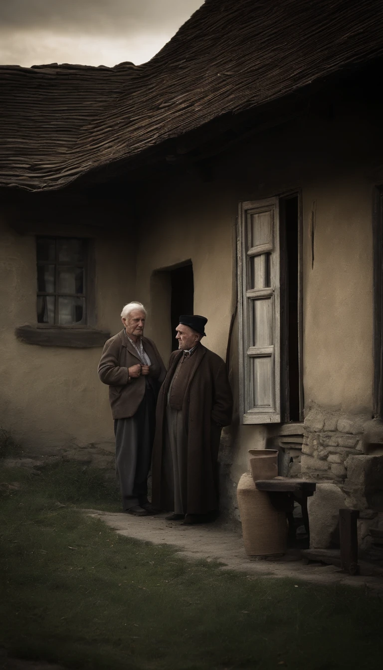 in front door of a very old house in Romania are two old people husband and wife. They are waiting for their son to return home from abroad because they miss him alot. Emotional and dramatic scene. In the distance, a man's silhouette can be seen approaching.