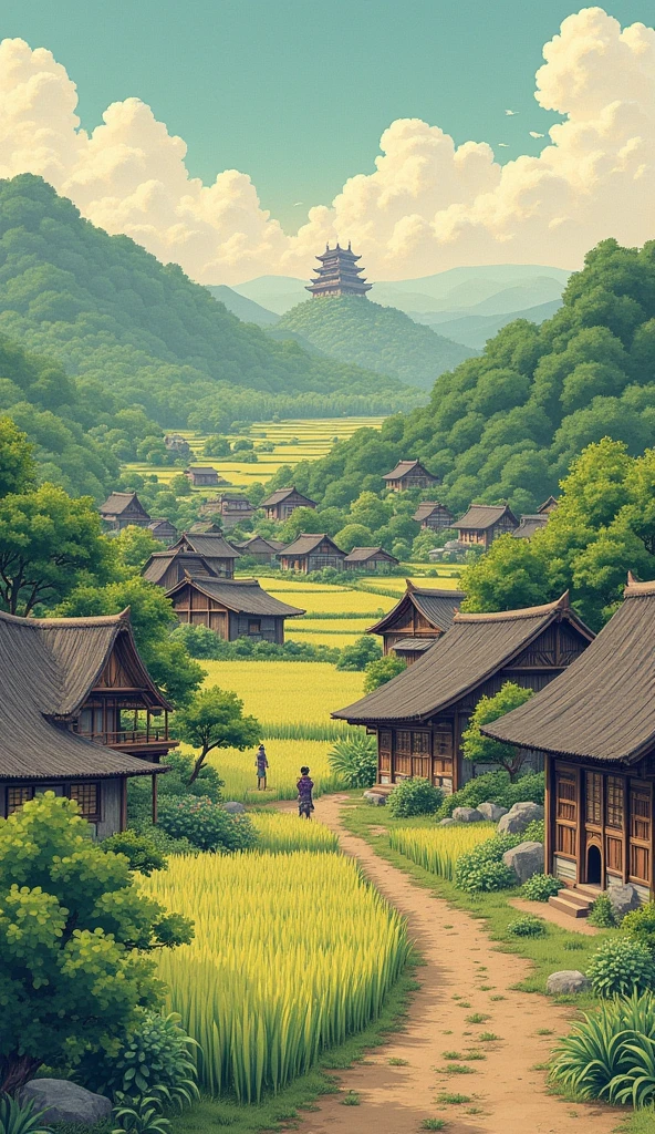 A depiction of a rural Japanese village during the Sengoku period, showing traditional houses, rice fields, and a distant castle, symbolizing Hideyoshi's rise from a peasant to a ruler.