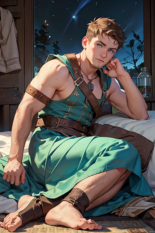 Photo-realistic. A pleased, 16-year-old, handsome, muscular Caucasian man with fade-cut, brown hair, and blue eyes, wearing shabby, sleeveless, leather armor, with metal shoulder guards, boasting, as he tells a dramatic story to a 15-year-old, lean, Caucasian peasant man, with short, brown hair, and blue eyes, in a blue and green tunic, listening in wonder, sitting next to each other on a simple bed, in a rustic inn room, at night.