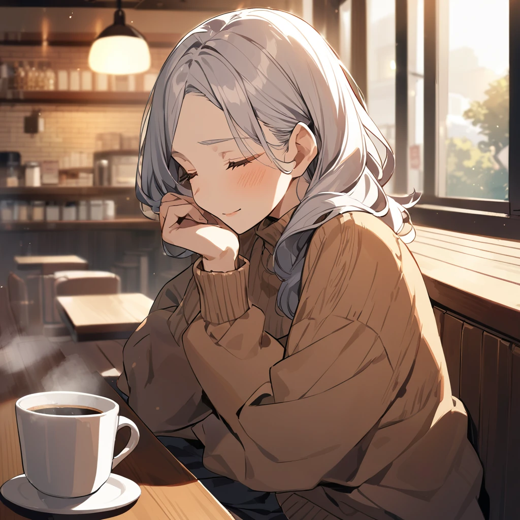 80 years old,old woman,Brown sweater,Quietly close your eyes,sitting in a coffee shop,Calm expression,Morning Set,