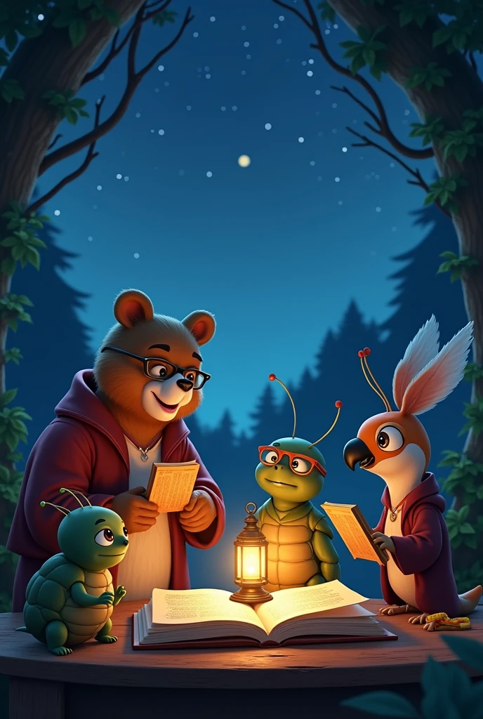 Animated Bear Turtle Ant Parrot On a starry night reading books