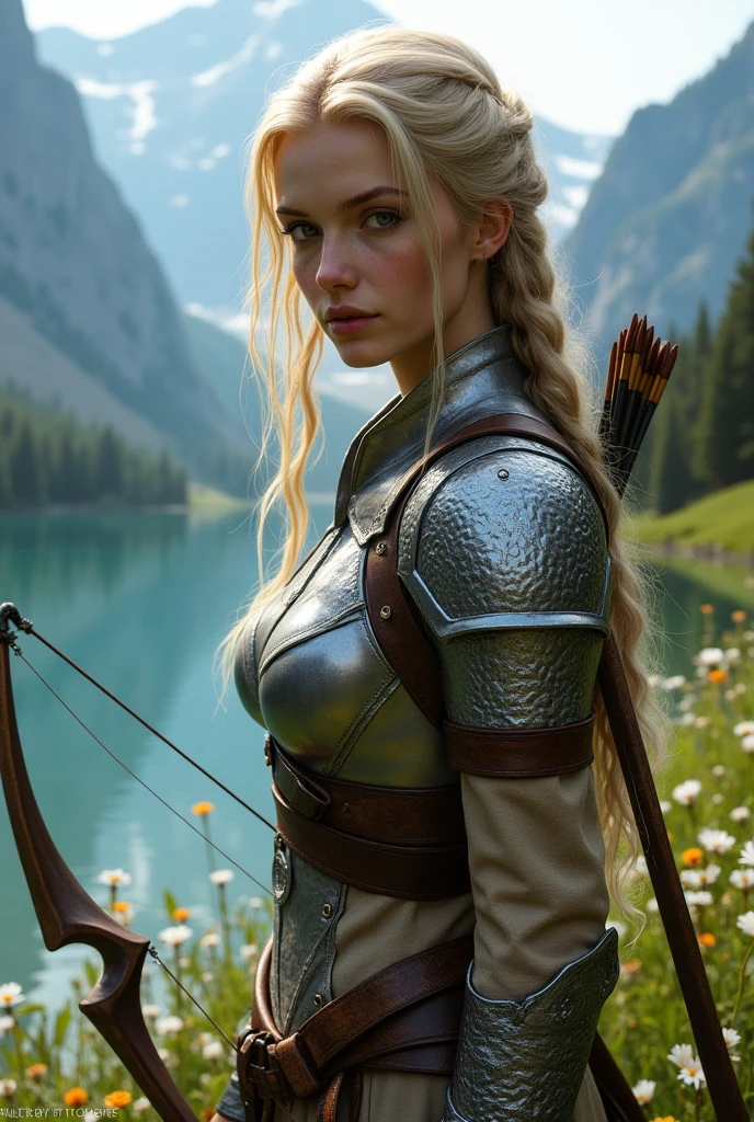 Skyrim style, blonde, looking at viewer, honey eyes, mountains, summer, trees, bow and arrow, silver armor, leather, flowers, lake