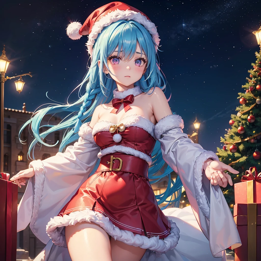 (Sky blue hair),(Braided Hair), (Pink Eyes),Fair skin) ,(whole body),(One Girl),(Gift boxes filling the background),(Santa Claus clothes),Santa Claus hat,(Christmas Party),(masterpiece, Highest quality, Very detailed, Best Shadow), (Detailed Background), (Beautifully detailed face), High Contrast, (Best lighting, Very delicate and beautiful), ((Cinematic Light)), Hyper Detail,8k, Dramatic Light, Intricate details,night,The background is a Western-style castle