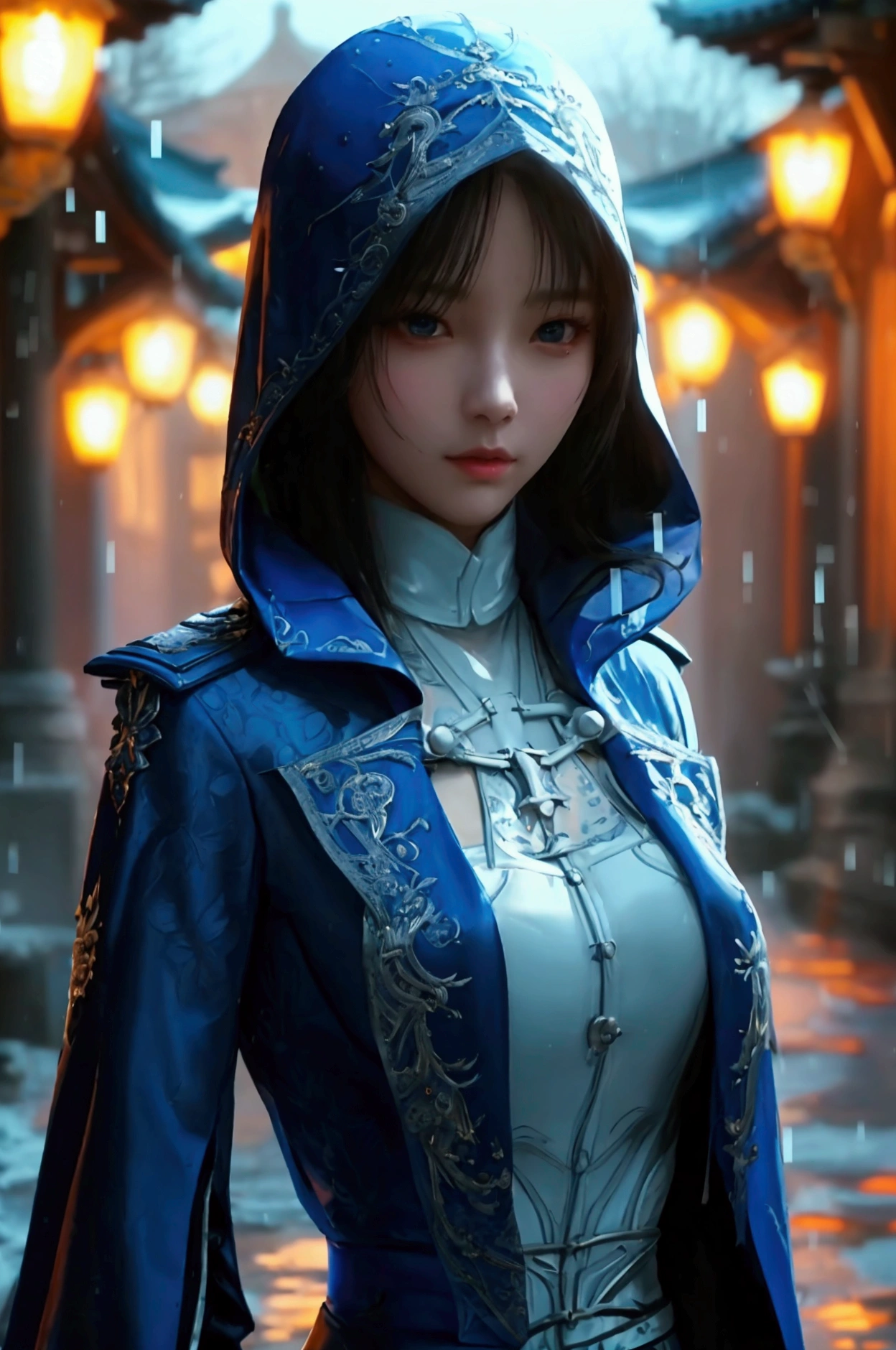 South korea women mystery hooded on with modern royal Blue coat with buttons and royal Blue cape and very high white heel over the knee and white gloves, As she reveals a small secret hidden blade, adding to the character’s mysterious and agile appearance, with small movements of air on the cape, in summer at night under the rain, with buildings featuring curved eaves and detailed architecture. The scene is set at night, she slit a person's throat , intricate detail, ultra detail, incredible detail, intricate detail, extremely detailed and intricate, super max, masterpiece, best quality, HDR, UHD, unreal engine. , beautiful face, Rich in details High quality, gorgeous, captivating, 8k, super detailed, stunning shadows, detailed lines