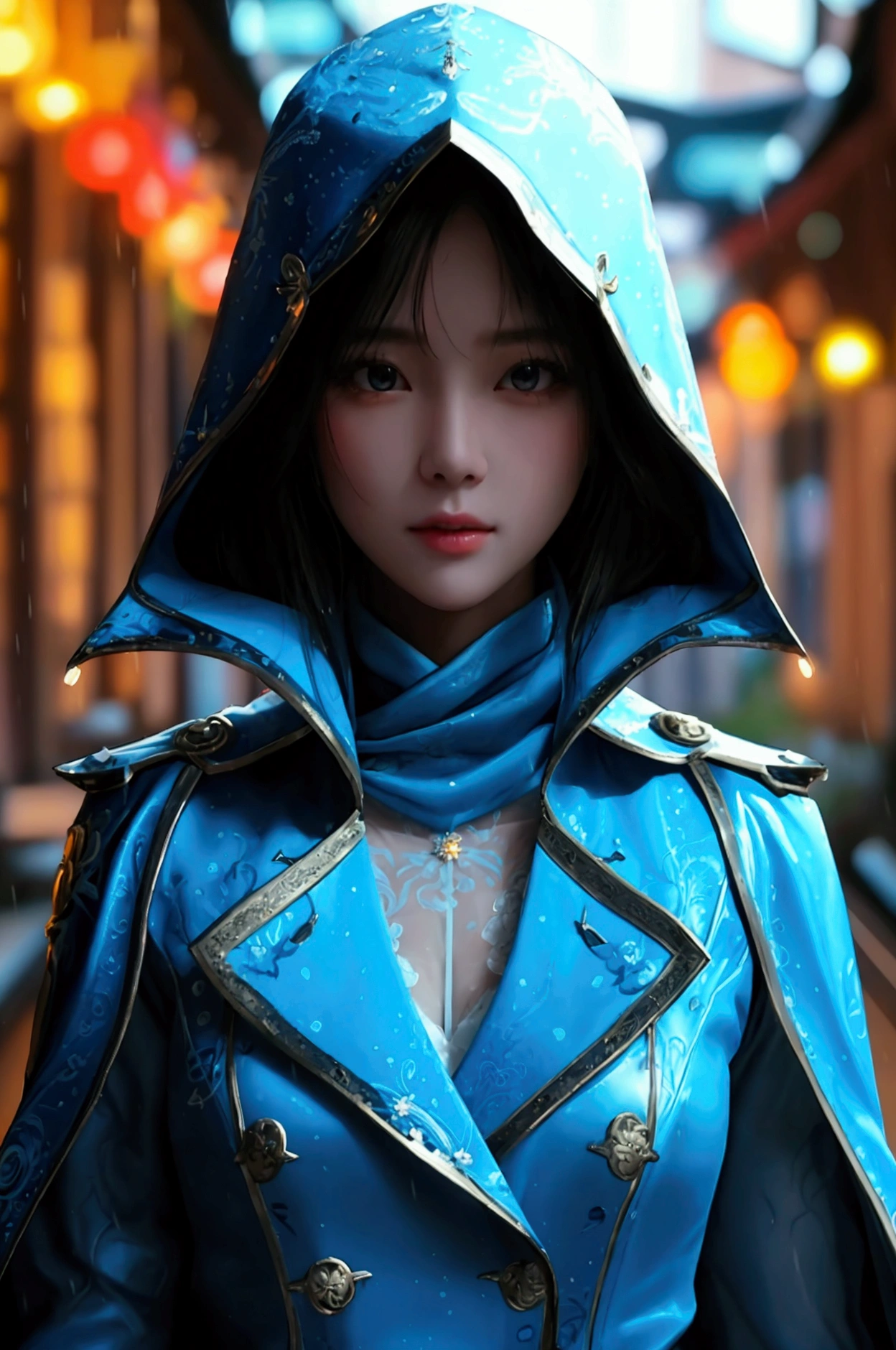 South korea women mystery hooded on with modern royal Blue coat with buttons and royal Blue cape and very high white heel over the knee and white gloves, As she reveals a small secret hidden blade, adding to the character’s mysterious and agile appearance, with small movements of air on the cape, in summer at night under the rain, with buildings featuring curved eaves and detailed architecture. The scene is set at night, she slit a person's throat , intricate detail, ultra detail, incredible detail, intricate detail, extremely detailed and intricate, super max, masterpiece, best quality, HDR, UHD, unreal engine. , beautiful face, Rich in details High quality, gorgeous, captivating, 8k, super detailed, stunning shadows, detailed lines