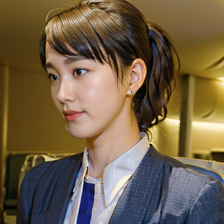 (Masterpiece, Best quality:1.4), (Ultra realistic, Photo-realistic:1.2), Natural light, 25 years old actress, Japanese women, Neat and clean, (cabincrew uniform:1.3), (unbutton:1.3), (ponytail:1.2), Light brown hair color, (Beautiful Face), Oval face, clear, (Beautiful eyes, Kind eyes), (Clear skin), Small face, (Small mouth, Beautiful mouth), Natural makeup, Approachable, Luxury hotel Suite room, On bed, (nsfw:1.3), Seductive smile, (Seductive pose:1.4), (Beautiful thighs:1.2), Bedroom eyes, Group photo