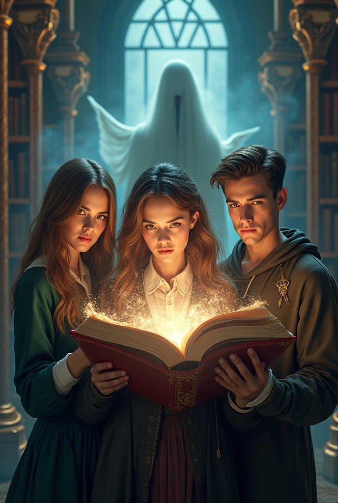 Image, 24k, 3d, epic, movie posters, 2 woman and 2 man bring book, 20yo, with background beautiful ghost lady, library,