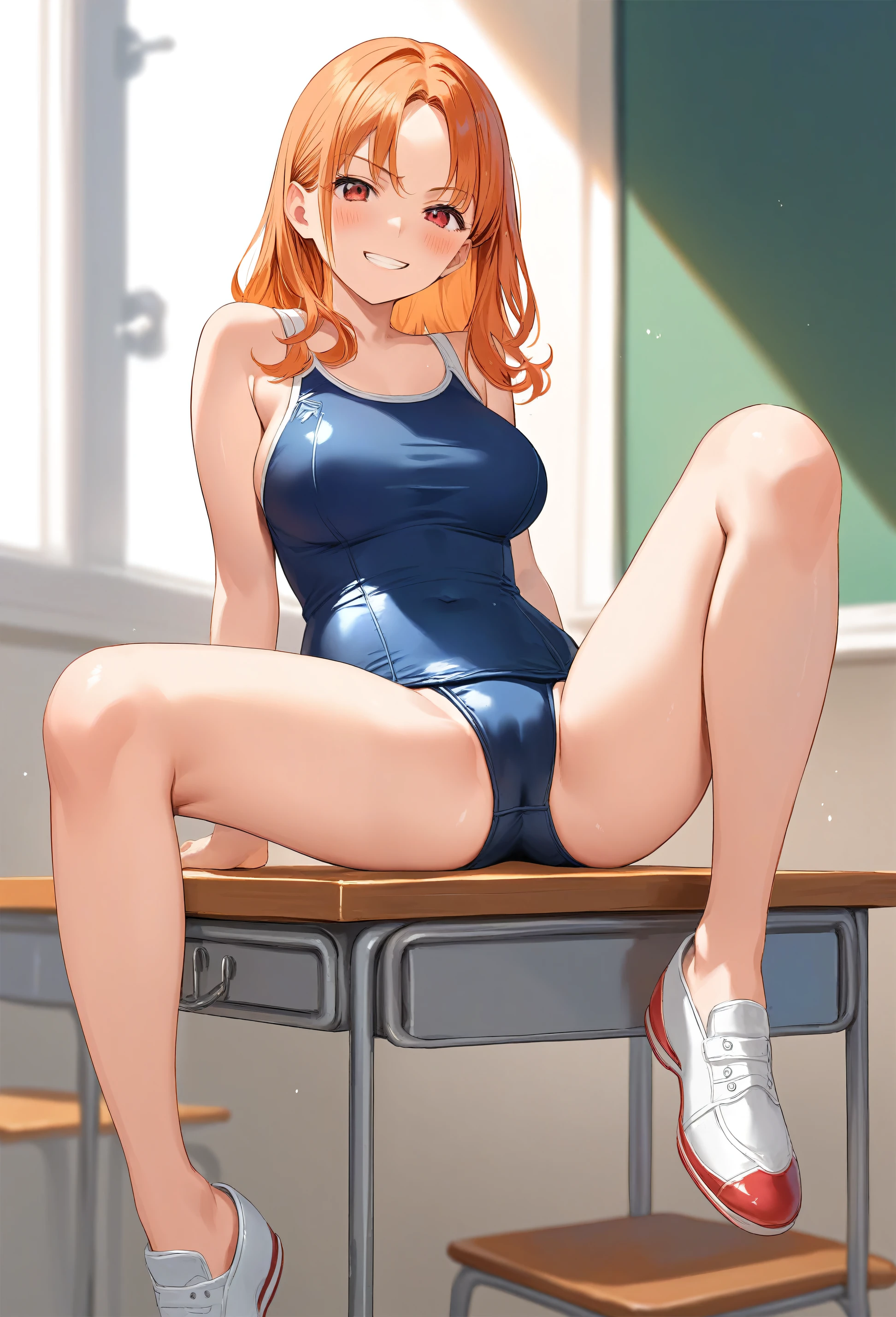 score_9, score_8_up, score_7_up, source_anime BREAK pinup of 1girl, anime illustration, anime style, sitting on desk, (one's legs spread:1.3), 1lady, solo, (sexy lady1.3), large breast, orange hair, red eyes, Various lengths of hair style, parted bangs, school swimsuit, shoes, smirk, grin, (blush), (my room background:1.2)