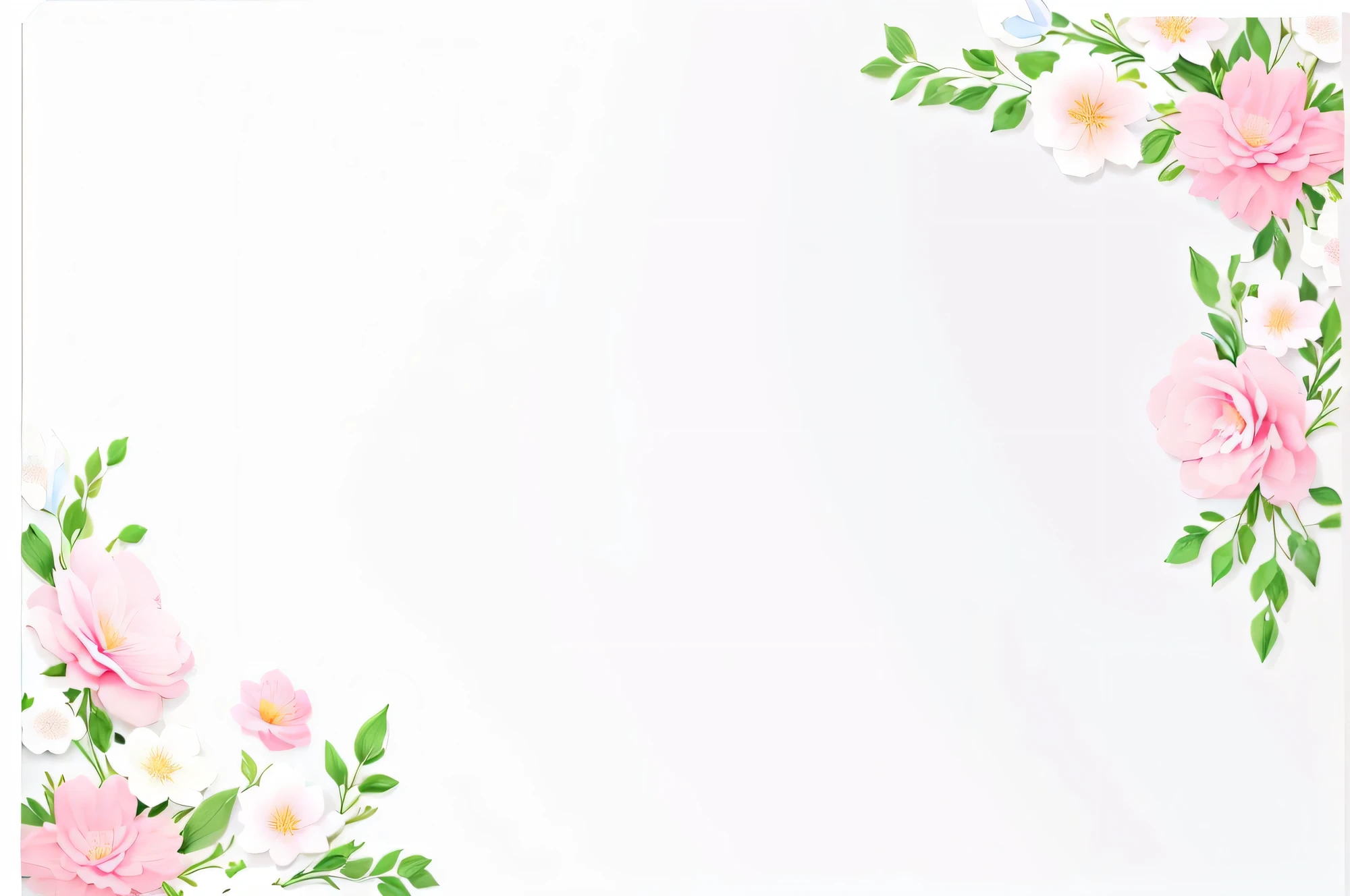 It has a floral border with flowers and leaves., flower background, Floral frame, background(solid), background natural flower, pastel flowery background, Wide Scene, floral background, fine background proportionate, Flower Environment, white border and background, surrounded flower, No text, plain background, background is white, White border, Colorful flowers and plants