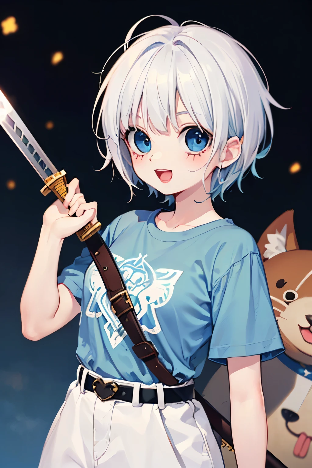 fantasy game,((cute,kawaii)),(A big smile with an open mouth),(White hair),(LightBlue eyes:1.25),(short sleeve swordsman costume:1.2),role-playing