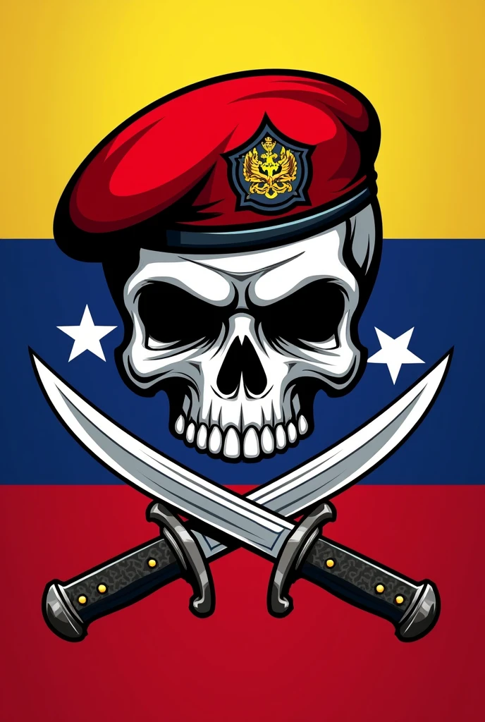 Army logo with a skull with a red beret with wings in the colors of Venezuela and two knives with the points pointing down 
