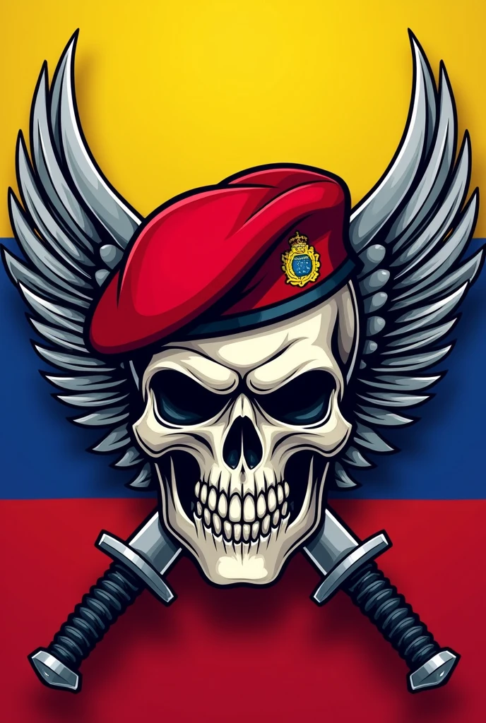 Army logo with a skull with a red beret with wings in the colors of Venezuela and two knives with the points pointing down