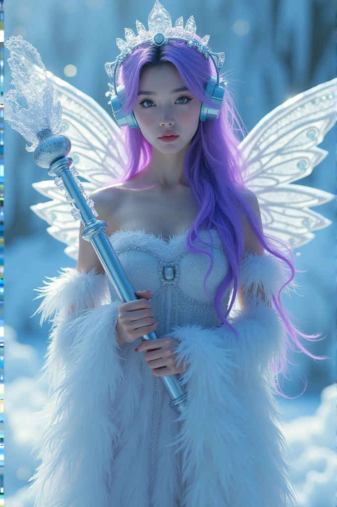 Korean purple hair butterfly woman with headphone and ice and feather outfit with ice scepter and ice crown and glittering wings
