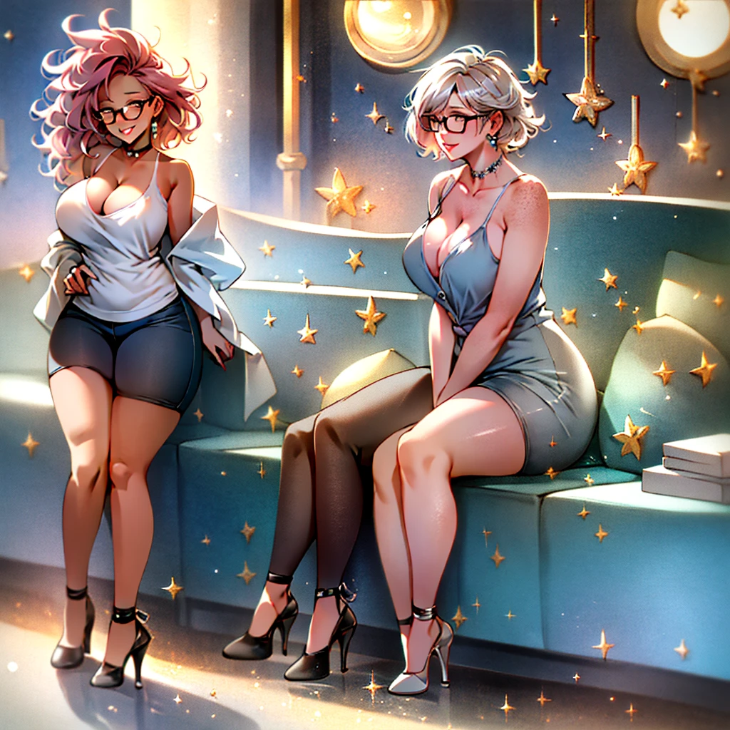 short beautiful adult women, chubby, tan skin, blue eyes, freckles, short pixie cut hair, messy hair, pink hair, big round glasses, (shiny tan skin), cute, jacket falling off, skirt, leggings, heels, open cleavage tank top, visible cleavage, freckles on chest, beauty marks on body,