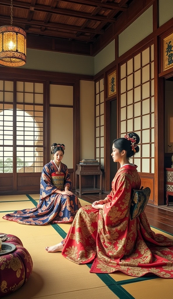 The interior of a lavish Japanese tea house or mansion from the same period, with well-dressed women in ornate kimonos, highlighting Hideyoshi’s affection for women and his many concubines.
