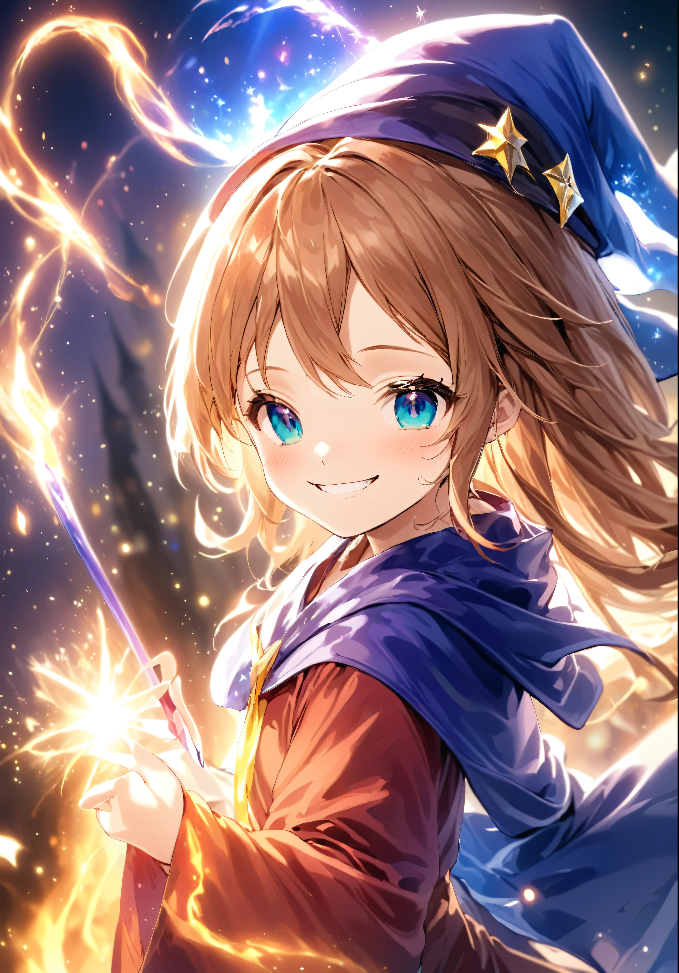 High resolution,Highest quality,
anime, One girl,(Very cute smile) alone, Wizard's Hat, Robe, Retention Staff, magic cirlcle, Shine, Particles of light, crystallization, prism, Shine光,8k