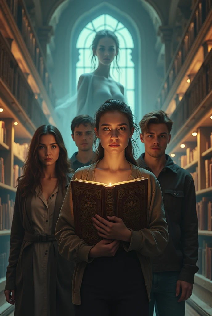 Image, 24k, 3d, epic, movie posters, 2 woman and 2 man bring book, 20yo, with background beautiful ghost lady, library,