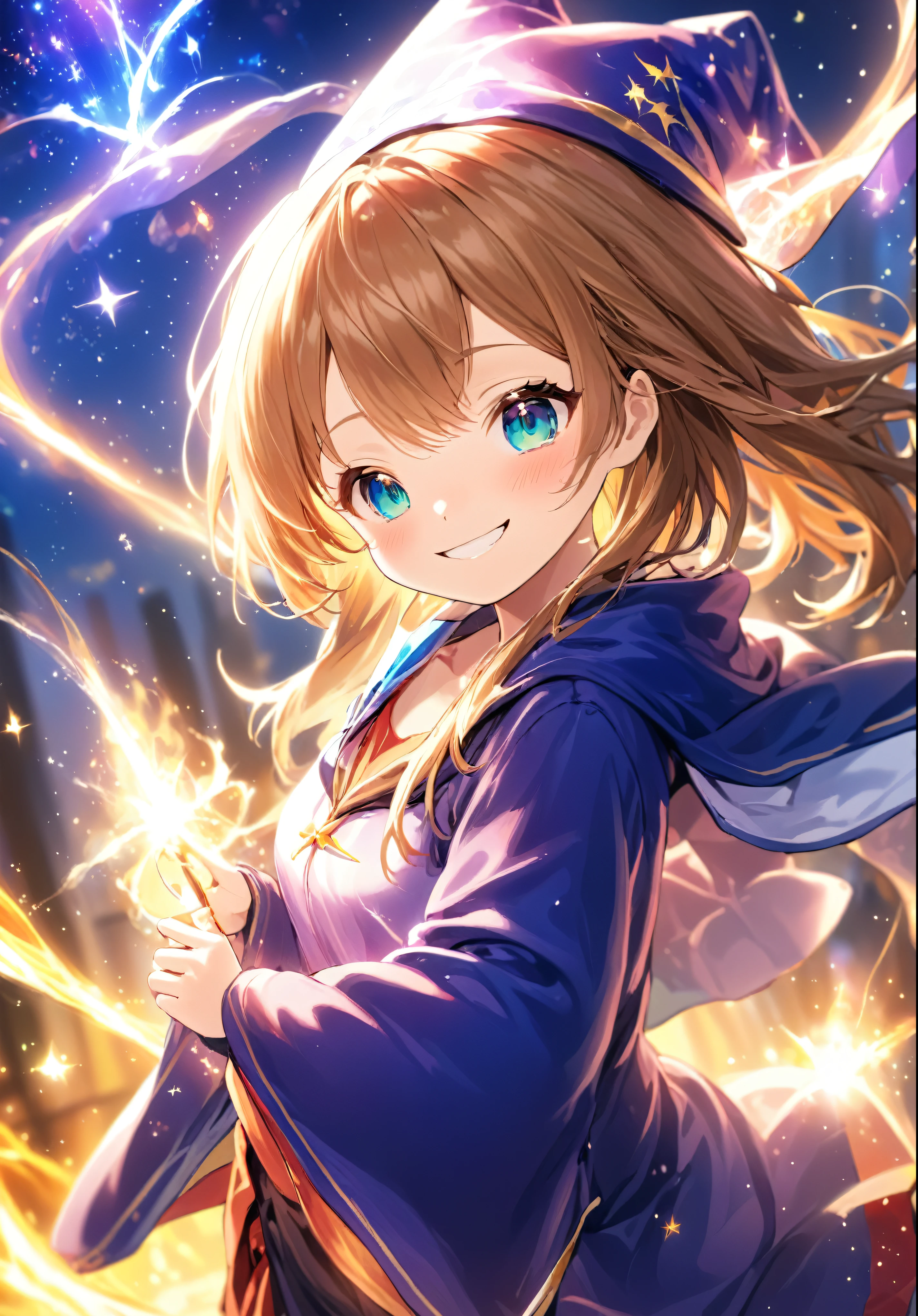 High resolution,Highest quality,
anime, One girl,(Very cute smile) alone, Wizard's Hat, Robe, Retention Staff, magic cirlcle, Shine, Particles of light, crystallization, prism, Shine光,8k