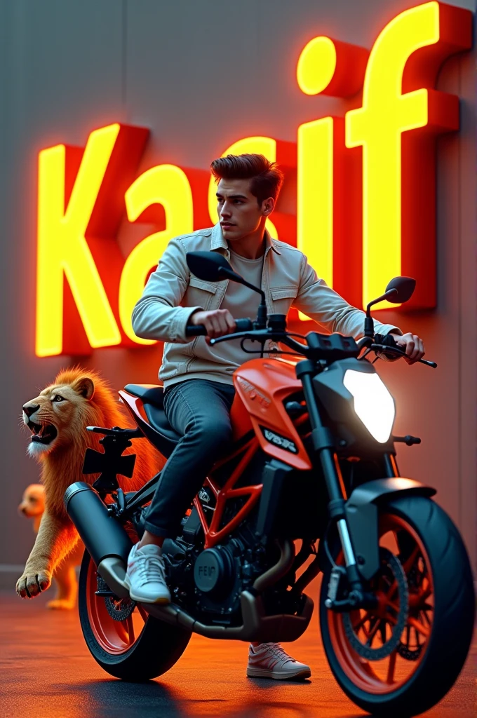 Create a 3D illusion for a profile picture where a 25 Year old cute boy in a white jacket Sitting casually on a Red KTM DUKE bike . With a rifle on hand. And a ferocious fire lion by my side. Wearing sneakers, he looks ahead. The background features “Kasif” in big and capital yellow neon light fonts on the dark grey wall. There should not be his shadow