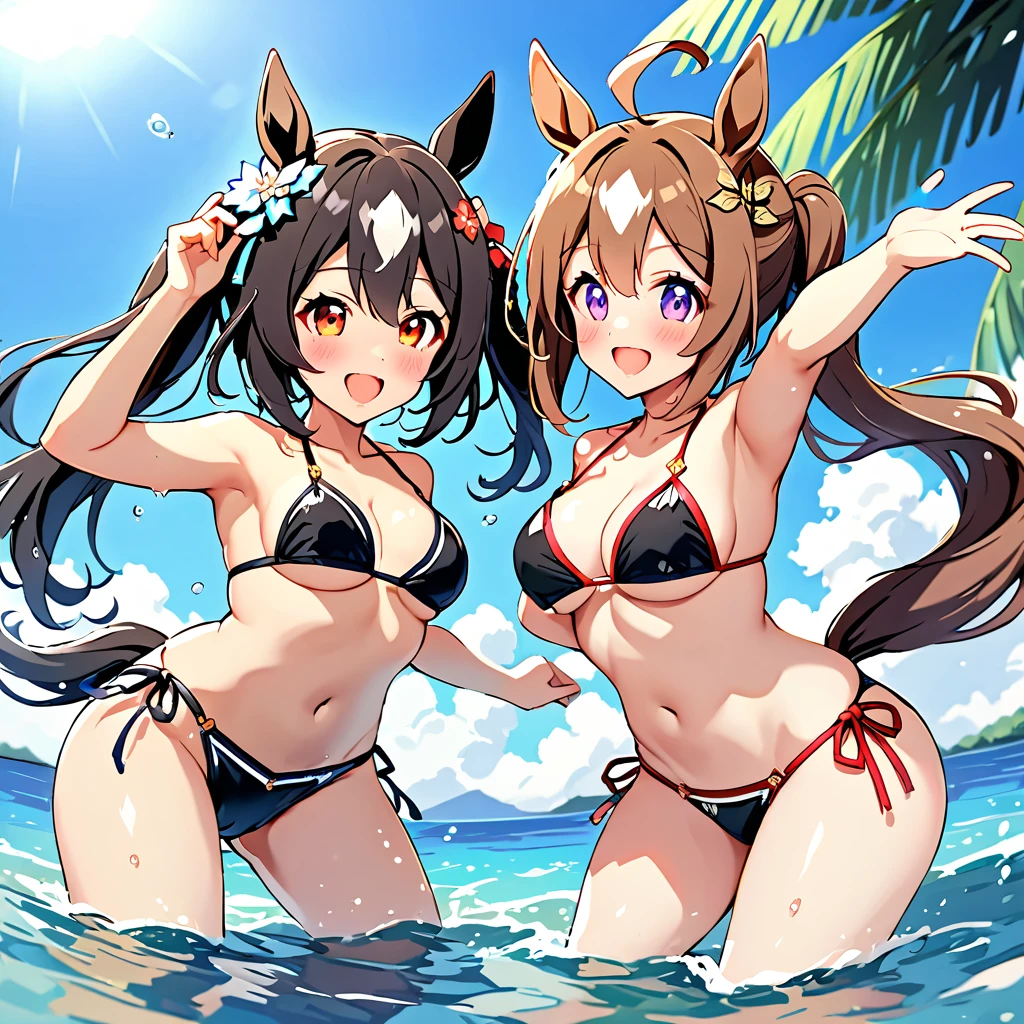 Highest quality, Satono Diamond 、Kitasan Black、2 people(umamusume), Micro Bikini、Ocean、get wet、Dynamic pose、、Horse tail、Playing、Detailed hairstyle、Detailed hair ornament