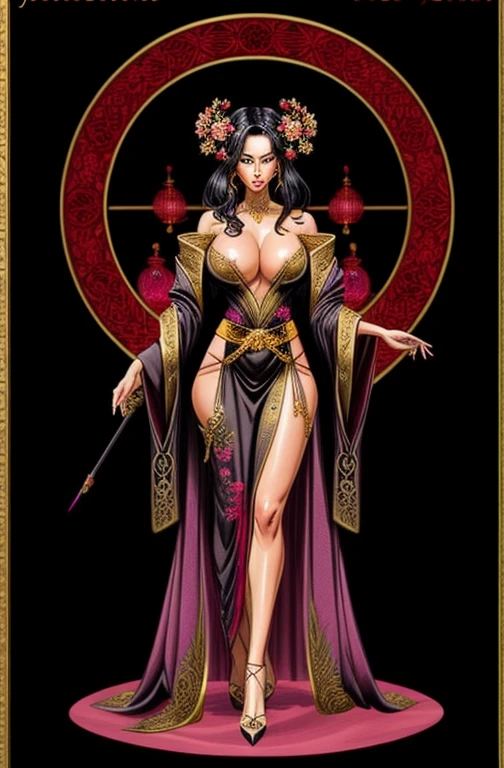sexy Female alchemist wearing a black robe, gorgeous Japanese woman, elaborate black hair, pink flower embroidery, full body shot, gold trimnings
