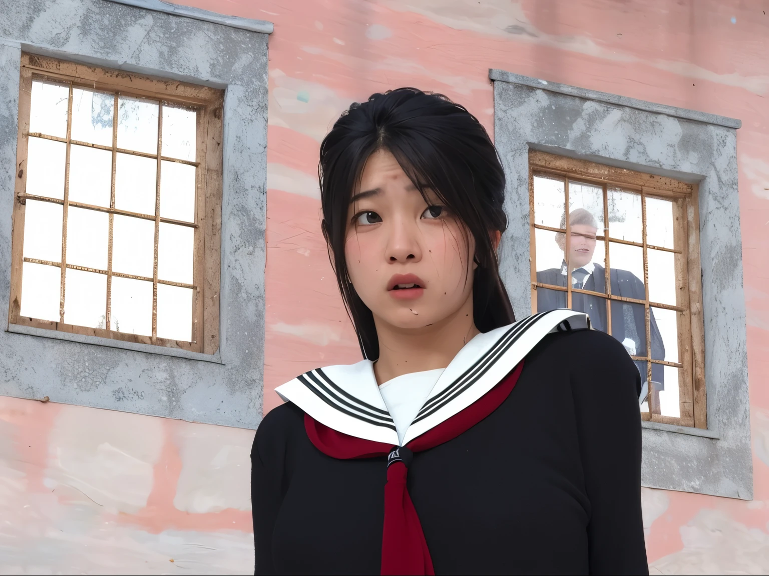 ((sad、Frightened expression))、((Sweaty、Blushing&#39;cheek、Sweaty skin))、(8k, Highest quality, masterpiece:1.2), (Realistic, photo-Realistic:1.37), Very detailed,Highest quality, Ultra-high resolution, Professional Lighting, Photon Mapping, Radio City, Physically Based Rendering, Cinema Lighting,  Midnight Road,Depth of the written border, Sharp focus,moonlight, Good composition,1 girl,alone,(whole body), (whole body),Beautiful and beautiful eyes,((Red eyes、I&#39;I&#39;m afraid of something))、 stop temporarily, Tight waist,Japanese , Black Hair,Messy Hair,Long hair blowing in the wind,((Navy blue socks))、(Urzan-6500:1.2)、 Mix 4, 