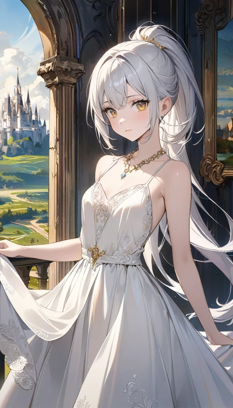 1 Girl, Ponytail , White skin, Silver Hair, Golden Eyes, (Elegant white dress:1.3), (Small Breasts:1.4), clavicle, number, (illustration:1.1), (Perfect details:1.1), landscape, background, castle, Abstract, Diamond necklace, Princess