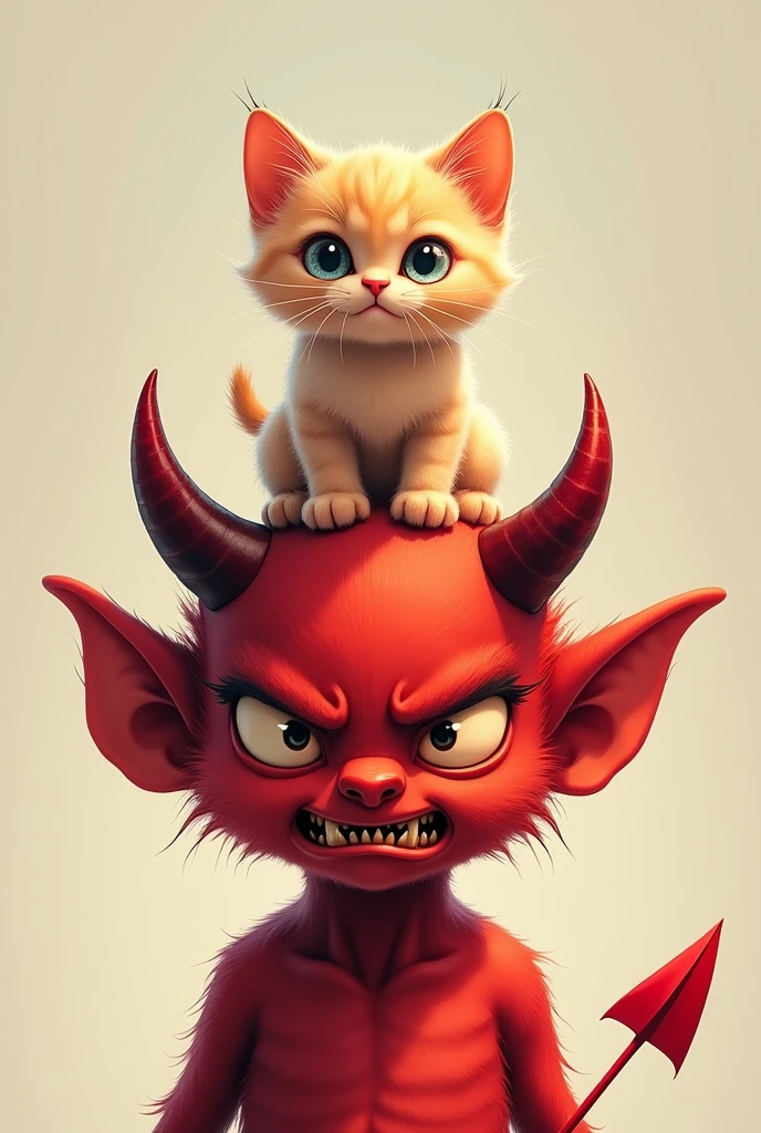 Cute kitten stepping on the head of the ugly angry devil in red