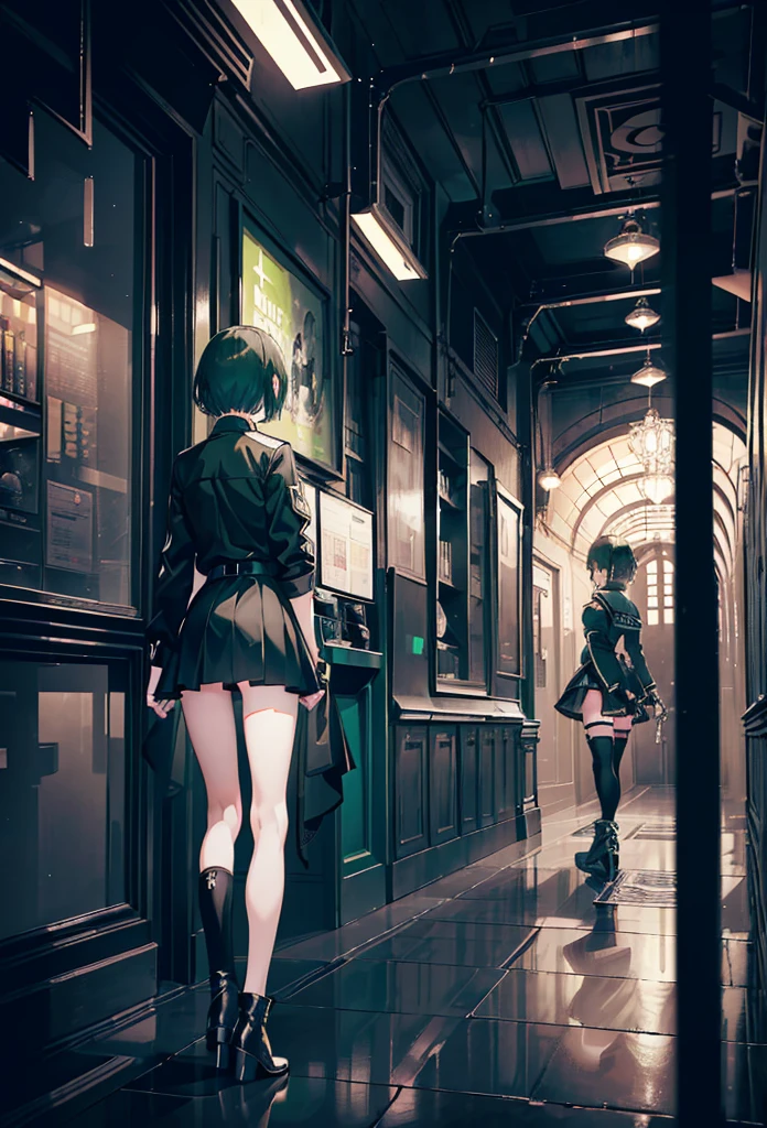 (girl),(((Adult))),(Green Short Hair),((The girl wear a black knight uniform)),((Black long boots)), Black mini skirt,Black knee socks(rage),(beautiful slender girl),((Adult)),retreating figure,back view,backward appearance,appearance from behind,((black thighhighs)),(black knee high),