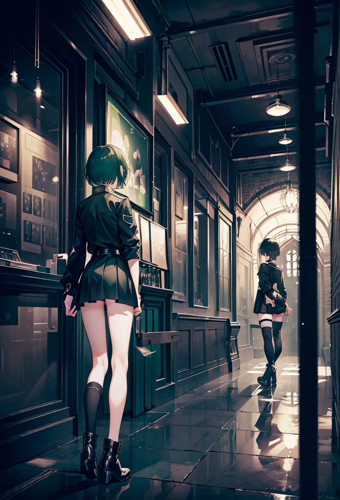 (girl),(((Adult))),(Green Short Hair),((The girl wear a black knight uniform)),((Black long boots)), Black mini skirt,Black knee socks(rage),(beautiful slender girl),((Adult)),retreating figure,back view,backward appearance,appearance from behind,((black thighhighs)),(black knee high),