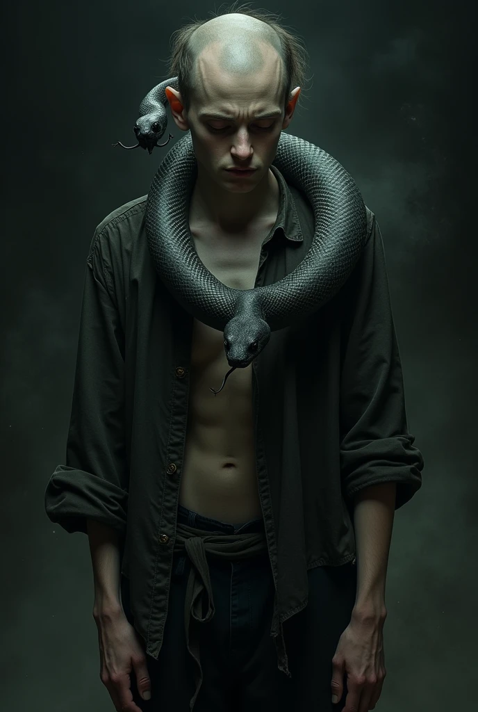 sickpack young man with an snake in the black as a background