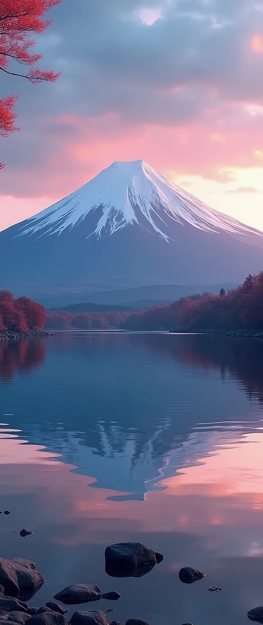 masterpiece,Highest quality,(Ultra-high definition CG Unity 8K wallpaper),(Highest quality),Mt.Fuji and lake,Beautiful Mt. Fuji reflected on the water,Reflection of light