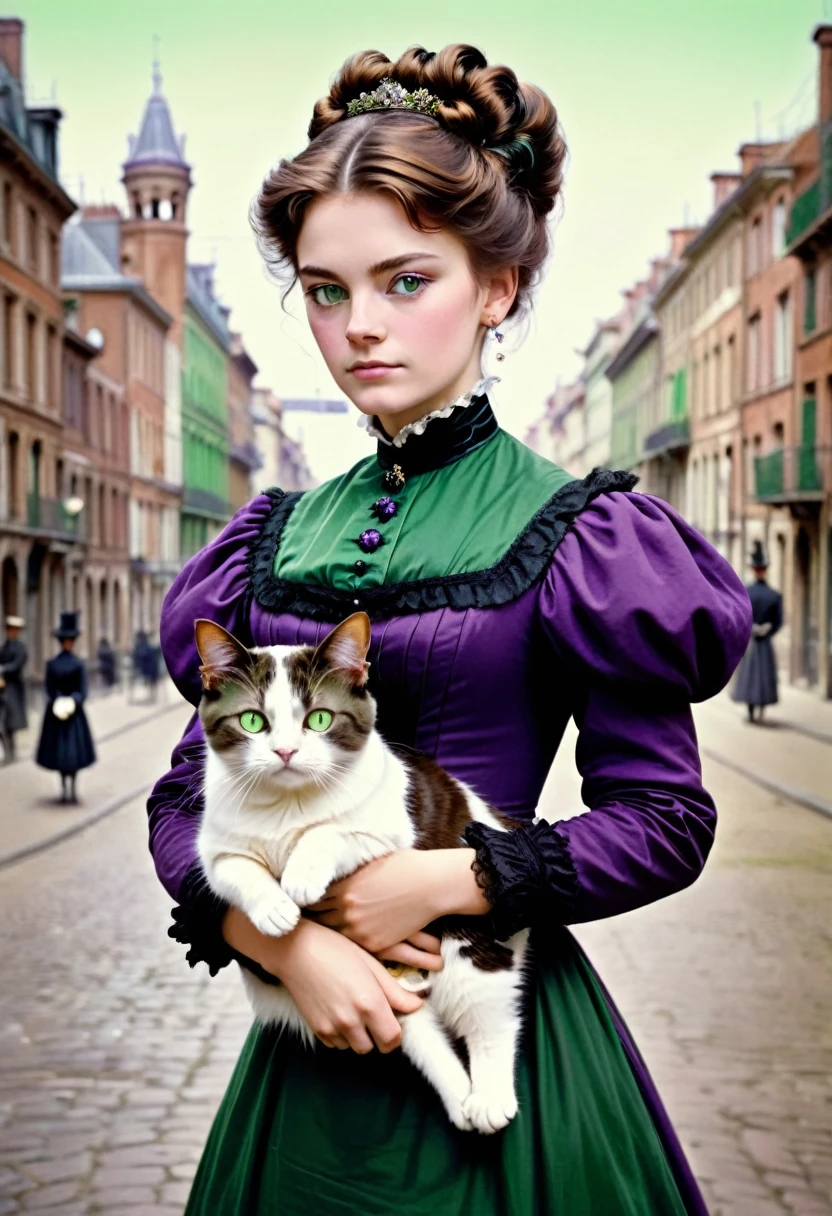 A 20-year-old woman with a hard and cold character, Brown hair updo and locks of hair, purple victorian era dress,green eyes, carrying a cat: black with white, In the background the city of Toulouse, 1880s