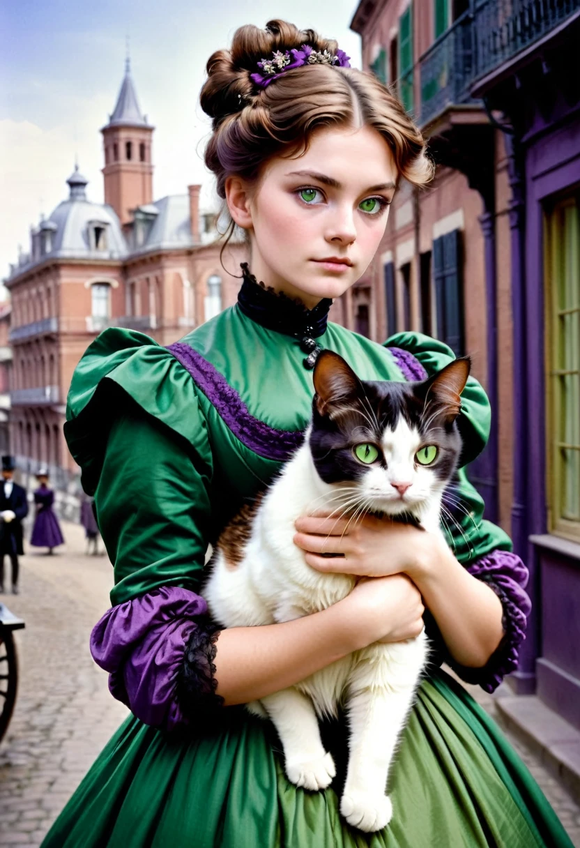 A 20-year-old woman with a hard and cold character, Brown hair updo and locks of hair, purple victorian era dress,green eyes, carrying a cat: black with white, In the background the city of Toulouse, 1880s