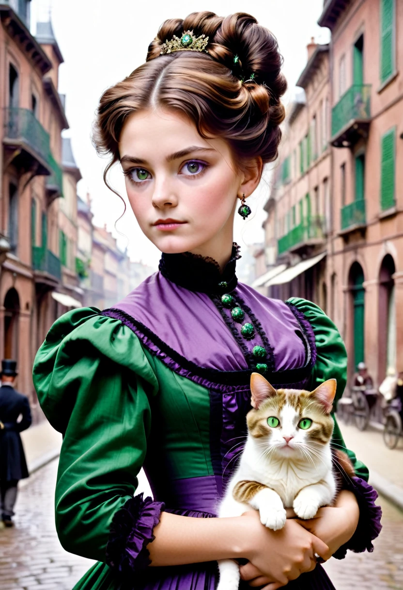 A 20-year-old woman with a hard and cold character, Brown hair updo and locks of hair, purple victorian era dress,green eyes, carrying a cat: black with white, In the background the city of Toulouse, 1880s
