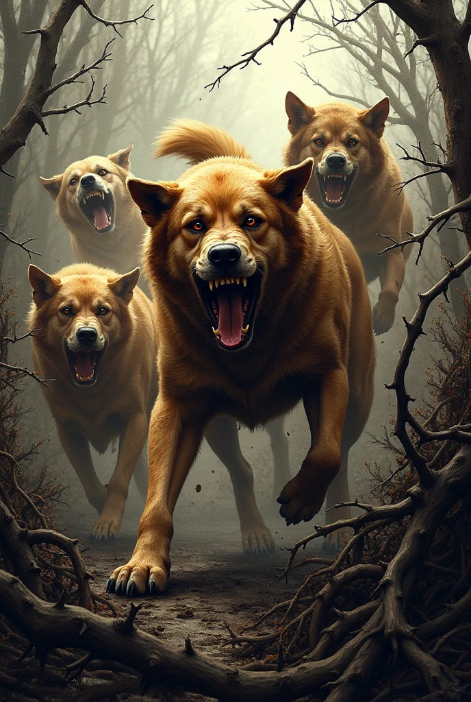 Image of ferocious dogs emerging from the thorns