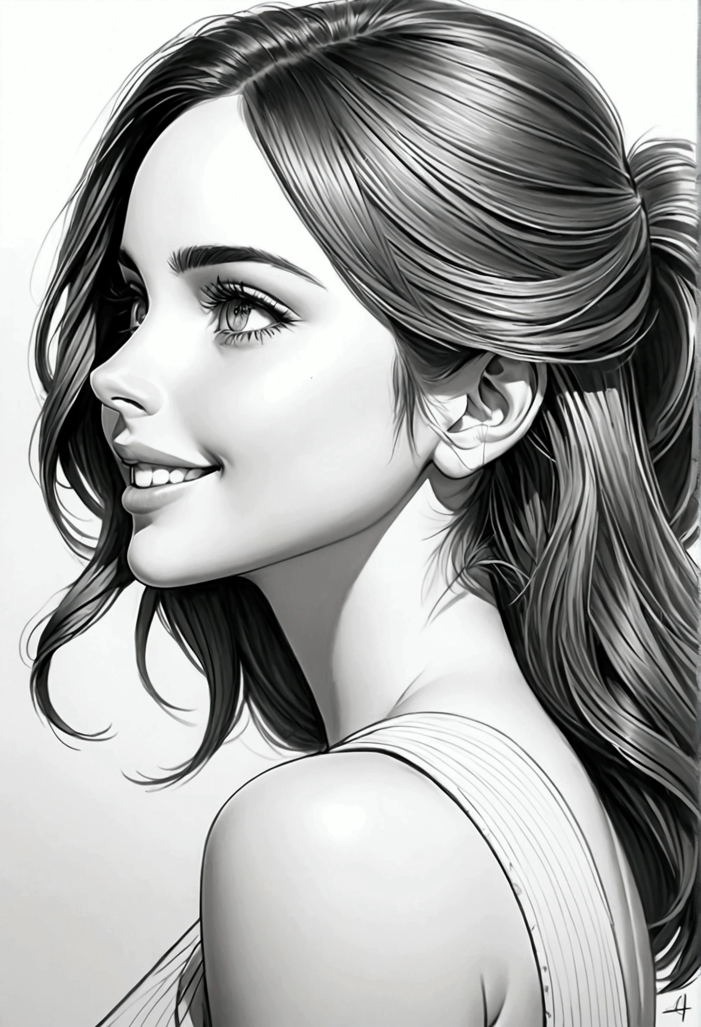 A pencil drawing, estilo contínuo uncoloredtes, actress Ana de Armas, face detailed, vibrant eyes, beautiful smile, profile drawing, black andwhite, NSFW, masterpiece, face perfect, pencil sketch, 4K, 8k, uncolored, nsfw.